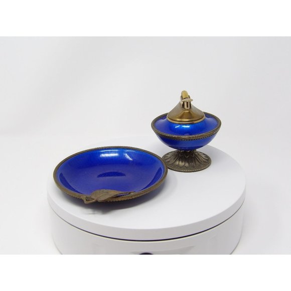 Evans Elegance Blue Enamel & Brass Guilloche Pedestal Table Lighter & Ashtray - Picture 6 of 10
